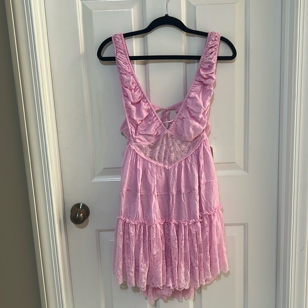 Free People romper mini dress ruffle lace milkmaid Pink Mini Dress romper